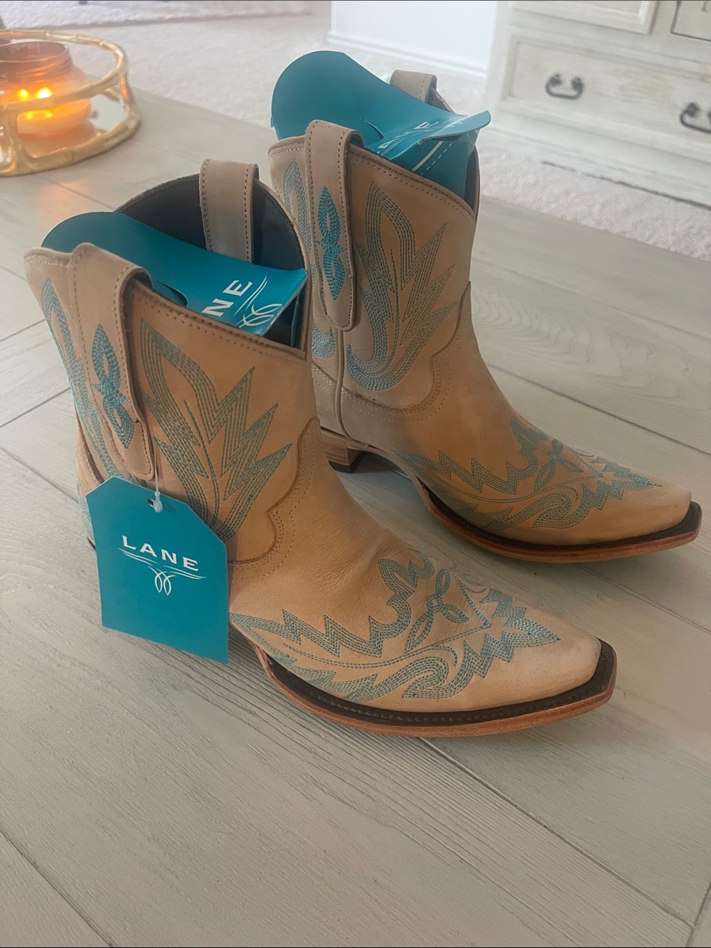 LANE Tan Leather Western Ankle Boots with Teal Stitching